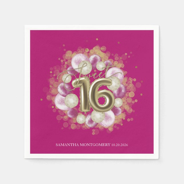 Gold Foil Sweet 16 Bday Balloons Party Hot Pink Serviette (Vorderseite)