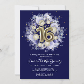 Gold Foil Sweet 16 Bday Balloons Party Royal Blue Einladung