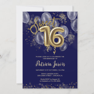 Gold Foil Sweet 16 Bday Balloons Party Royal Blue Einladung
