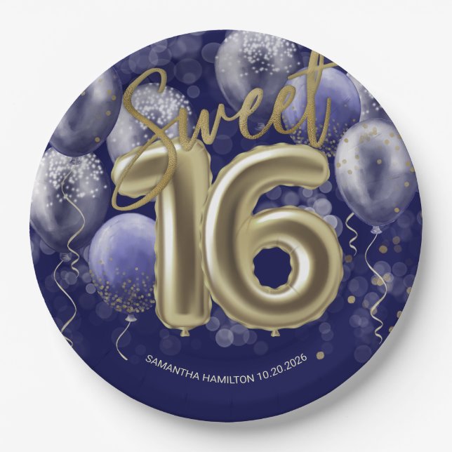 Gold Foil Sweet 16 Bday Balloons Party Royal Blue Pappteller (Vorderseite)