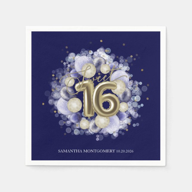 Gold Foil Sweet 16 Bday Balloons Party Royal Blue Serviette (Vorderseite)