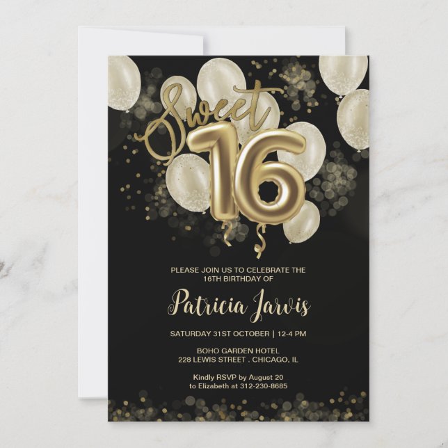 Gold Foil Sweet 16 Birthday Balloons Party Black Einladung (Vorderseite)