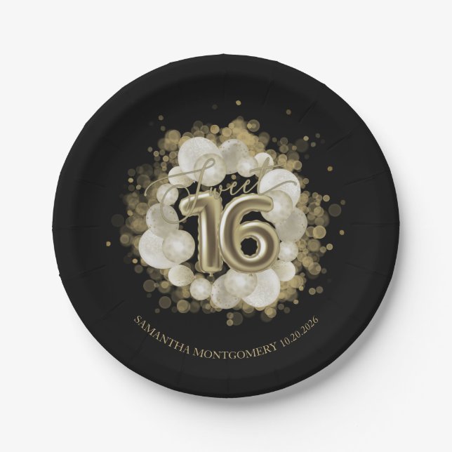Gold Foil Sweet 16 Birthday Balloons Party Black Pappteller (Vorderseite)