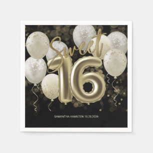 Gold Foil Sweet 16 Birthday Balloons Party Black Serviette