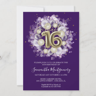 Gold Foil Sweet 16 Birthday Balloons Party Lila Einladung