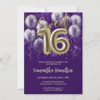 Gold Foil Sweet 16 Birthday Balloons Party Lila Einladung