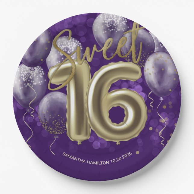 Gold Foil Sweet 16 Birthday Balloons Party Lila Pappteller (Vorderseite)