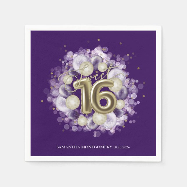 Gold Foil Sweet 16 Birthday Balloons Party Lila Serviette (Vorderseite)