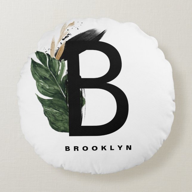 Gold Foil Tropical Letter B Monogram Personalisier Rundes Kissen (Vorderseite)