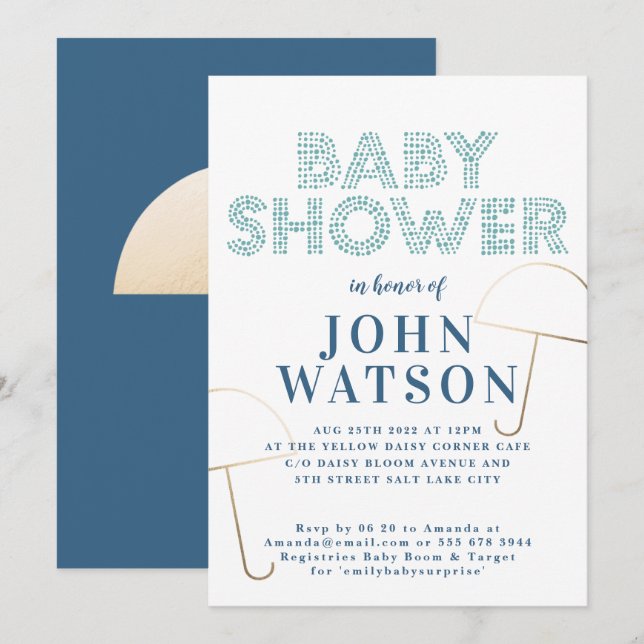 Gold Foil Umbrella Blue and White Baby Dusche Einladung (Vorne/Hinten)