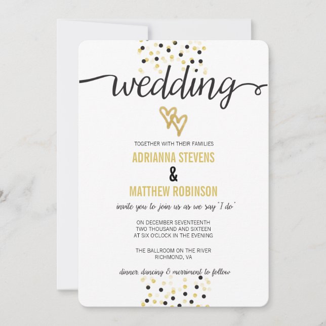 Gold Foil und Black Confetti Dots Einladung Hochze (Vorderseite)