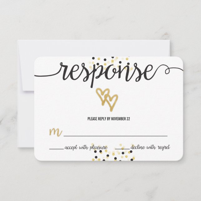 Gold Foil und Black Confetti Dots Wedding RSVP (Vorderseite)