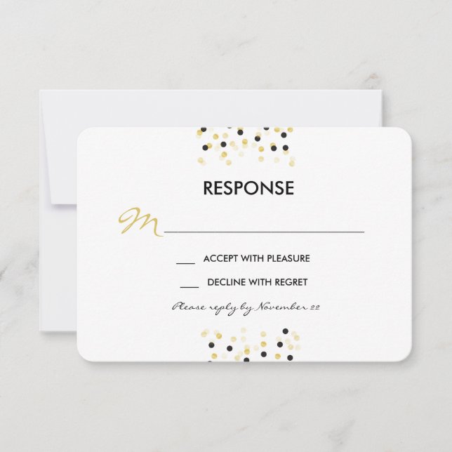 Gold Foil und Black Confetti Dots Wedding RSVP (Vorderseite)