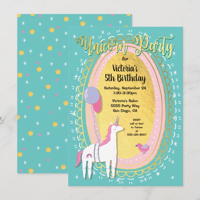 Gold Foil Unicorn Invitations de fête d'anniversai (Devant / Derrière)