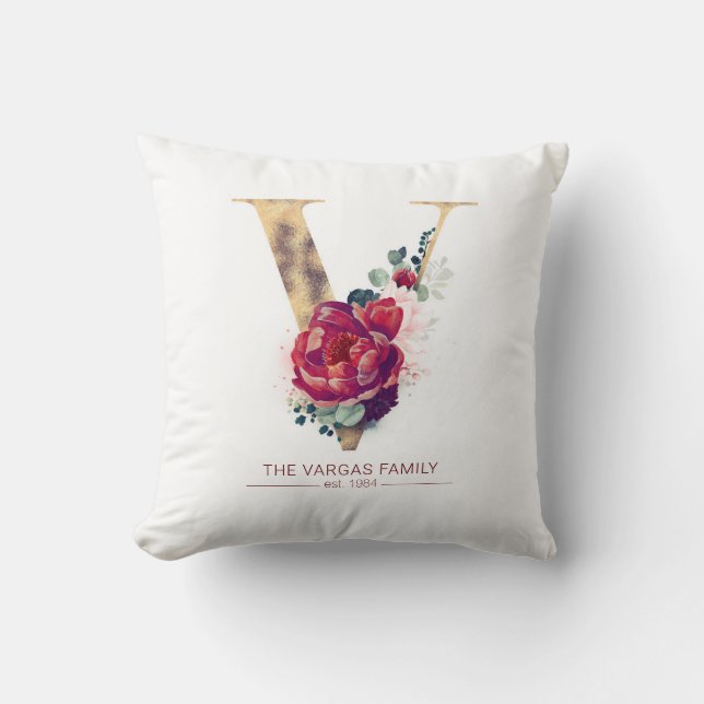 Gold Foil V Monogram Floral Burgund Red Kissen (Vorderseite)