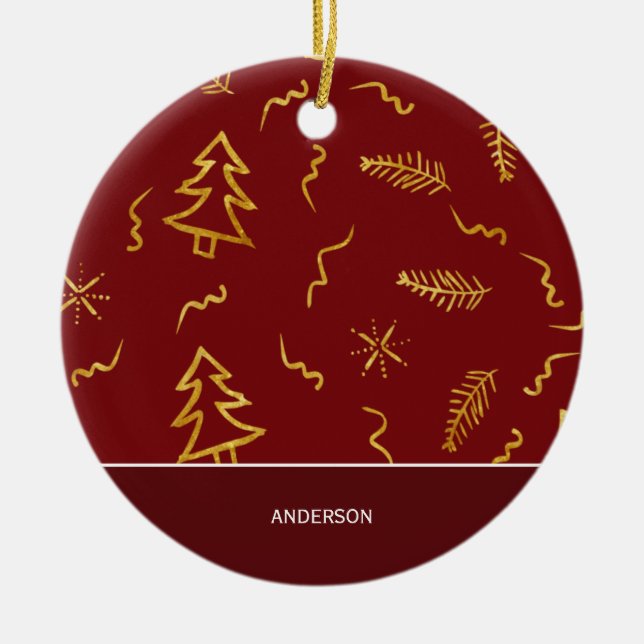Gold Foil Weihnachtsbaum Muster Red Holiday Keramik Ornament (Vorne)