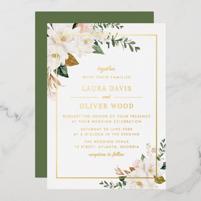 Gold Foil white magnolia floral wedding invitation Folieneinladung (Vorderseite/Rückseite)