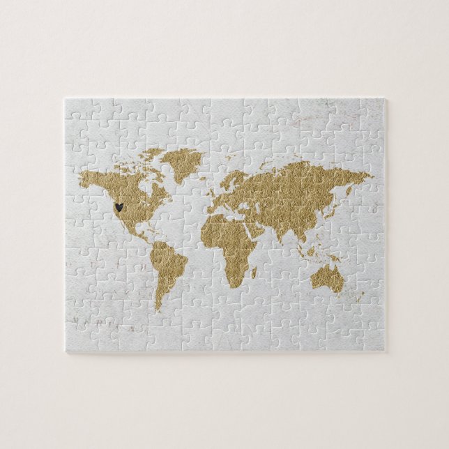 Gold Foil World Map Custom Moveable Heart Position (Horizontal)