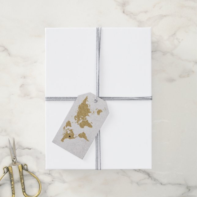 Gold Foil World Map Hochzeit in Urlaubsort Vielen  Geschenkanhänger (Mit Garn)