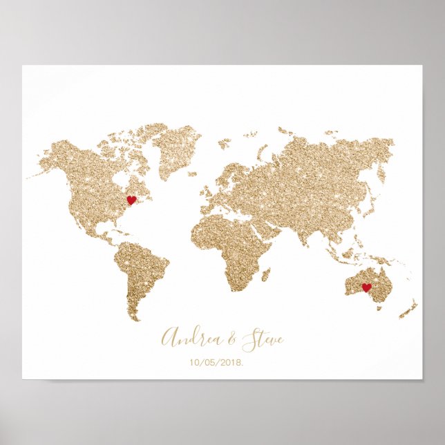 Gold Foil World Map mit herausnehmbaren Herzen Paa Poster (Vorne)