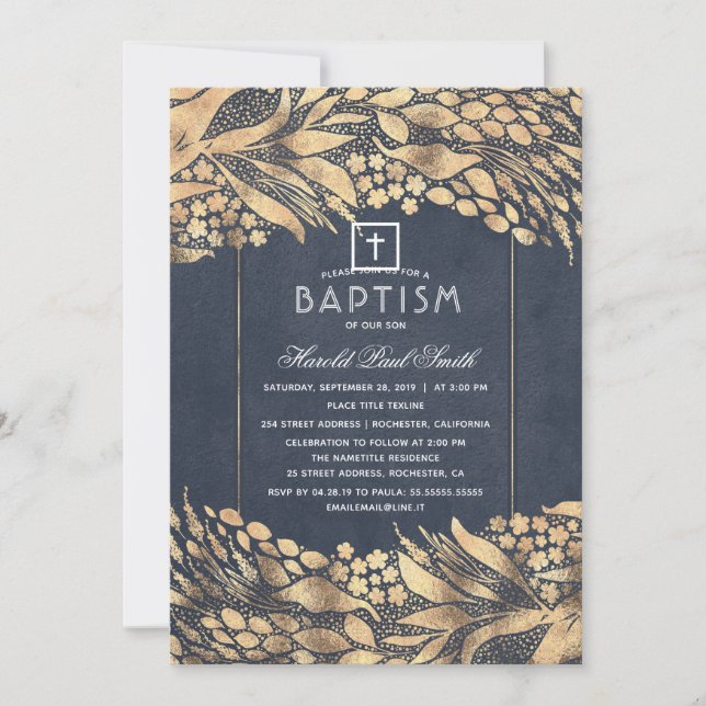 Gold Foliage Elegant Navy Blue Baptisse Einladung (Vorderseite)
