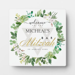 GOLD FOLIAGE WREATH STAR BAR BAT MITZVAH WILLKOMME FOTOPLATTE