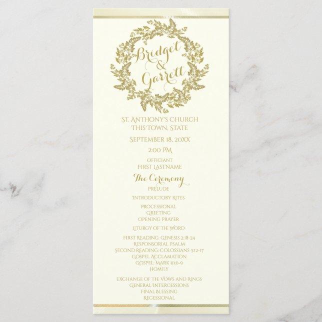 Gold Foliage Wreath Wedding Programme (Devant)
