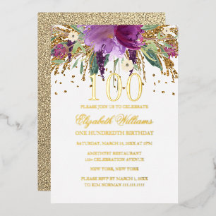 GOLD-FOLIE Blumenglitter Amethyst 100. Geburtstag Folieneinladung
