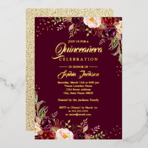 GOLD-FOLIE Burgunder Floral Quinceanera Folieneinladung