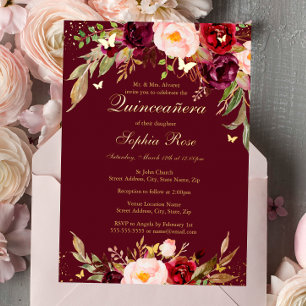 GOLD-FOLIE Burgunder-Rot Floral Quinceanera  Folieneinladung