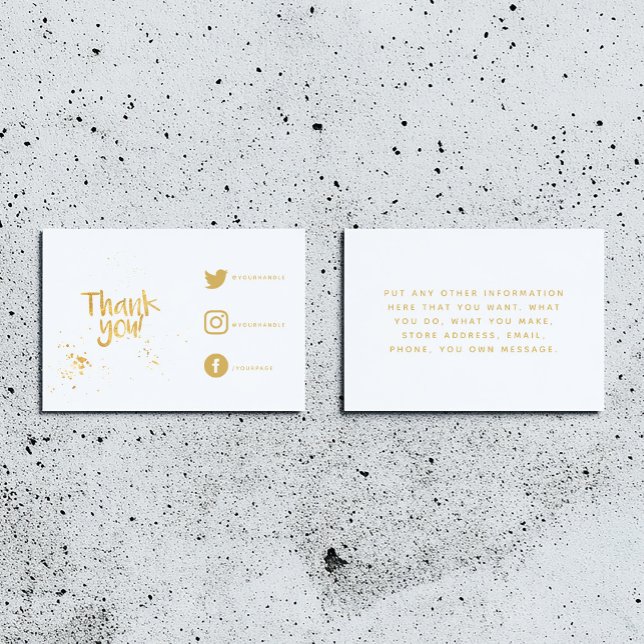 Gold-Folie dank Social Links Card Begleitkarte (White insert card for customer orders. Thank you in fun text and social media details and message.)