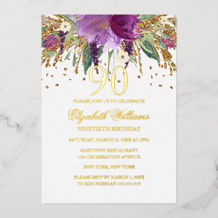 GOLD-FOLIE Florales Glitter Amethyst 90. Geburtsta Folieneinladung