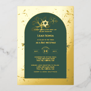 GOLD FOLIE Grüne Bat-Mizwa-Formale Blumen Folieneinladung