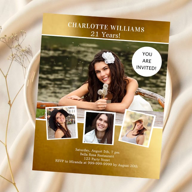 Gold Foto Collage Geburtstagseinladung (Von Creator hochgeladen)