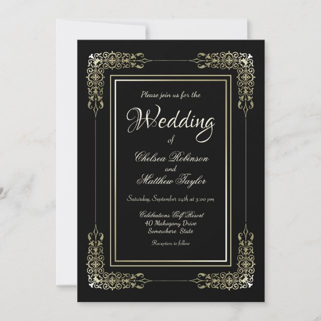 Gold Frame Black Wedding Einladung (Vorderseite)