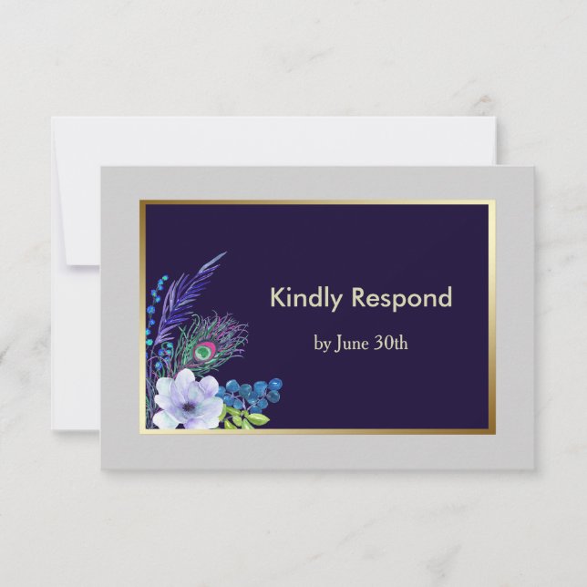 Gold Frame Blue Boho Floral Wedding RSVP Karte (Vorderseite)