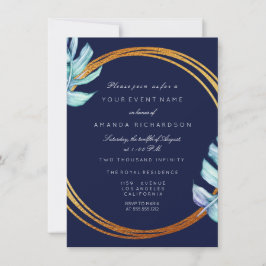 Gold Frame Blue Navy Monogram Tropical Bridal Wedd Einladung