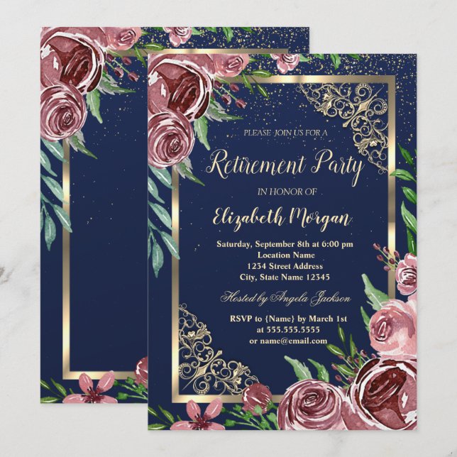Gold Frame Burgund Rose Navy Blue Retirement Einladung (Vorne/Hinten)