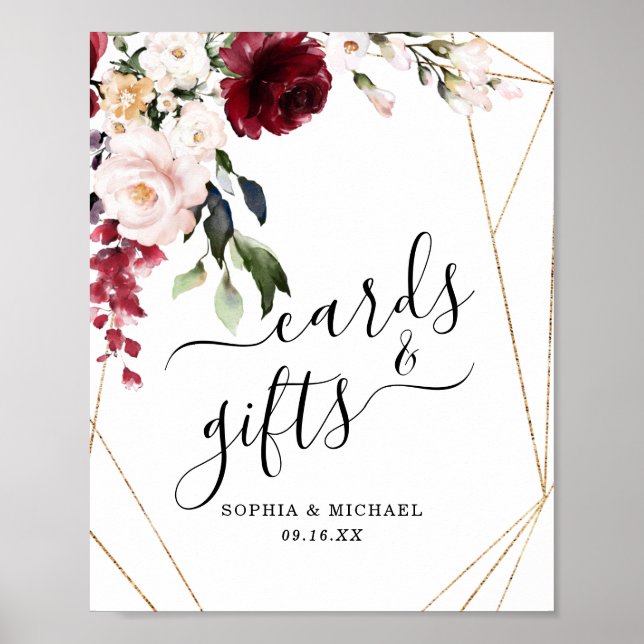 Gold Frame Burgundy Blumenkarten und Geschenkzeich Poster (Vorne)