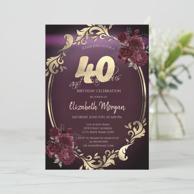 Gold Frame Burgundy Rose 40. Geburtstag Einladung (Stehend Vorderseite)