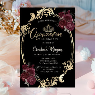 Gold Frame Burgundy Rose Black Quinceañera Einladung