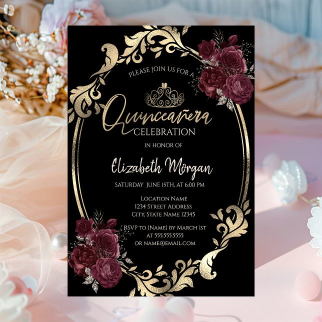 Gold Frame Burgundy Rose Black Quinceañera Einladung (Von Creator hochgeladen)