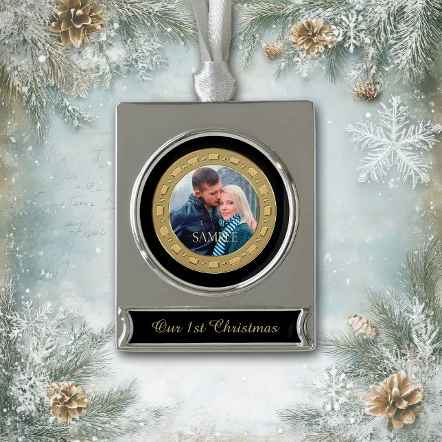Gold Frame Foto First Christmas Keepake Banner-Ornament Silber (Von Creator hochgeladen)