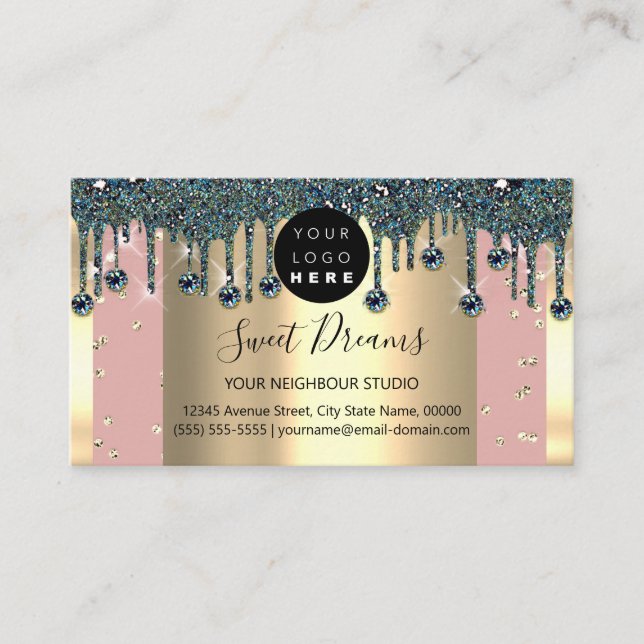Gold Frame Glitzer Confetti Rose Aquamarine Tropfe Visitenkarte (Vorderseite)