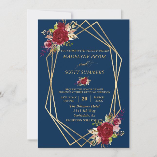Gold Frame Gold Hochzeit der Marine Burgundy Blush Einladung (Vorderseite)