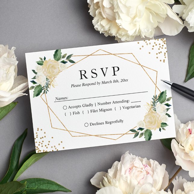 Gold Frame Green Ivory Floral Wedding RSVP Réponse (Créateur téléchargé)
