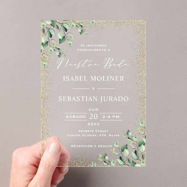 Gold Frame Greenery Nuestra Boda Spanish Wedding Acryleinladungen (Insitu (Handheld))