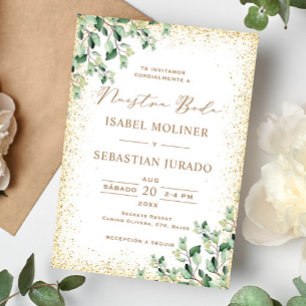 Gold Frame Greenery Nuestra Boda Spanish Wedding Einladung
