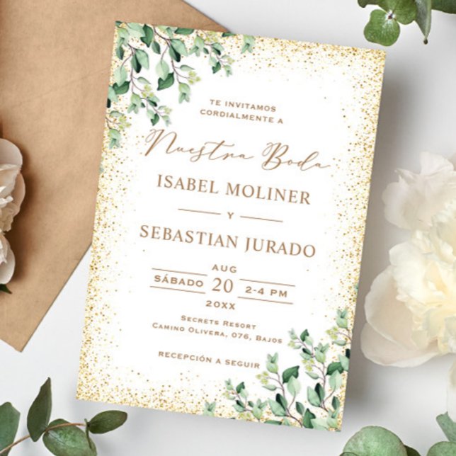Gold Frame Greenery Nuestra Boda Spanish Wedding Einladung (Von Creator hochgeladen)