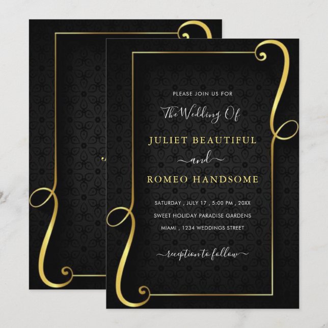 Gold Frame Luxe Golden Black Faire-part de mariage (Devant / Derrière)